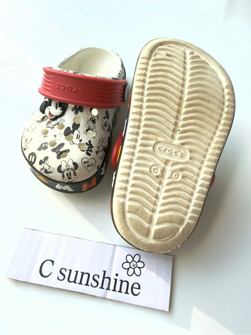 CROCS Mickey Mouse, Minnie, mouse Print Clogs with Red Straps